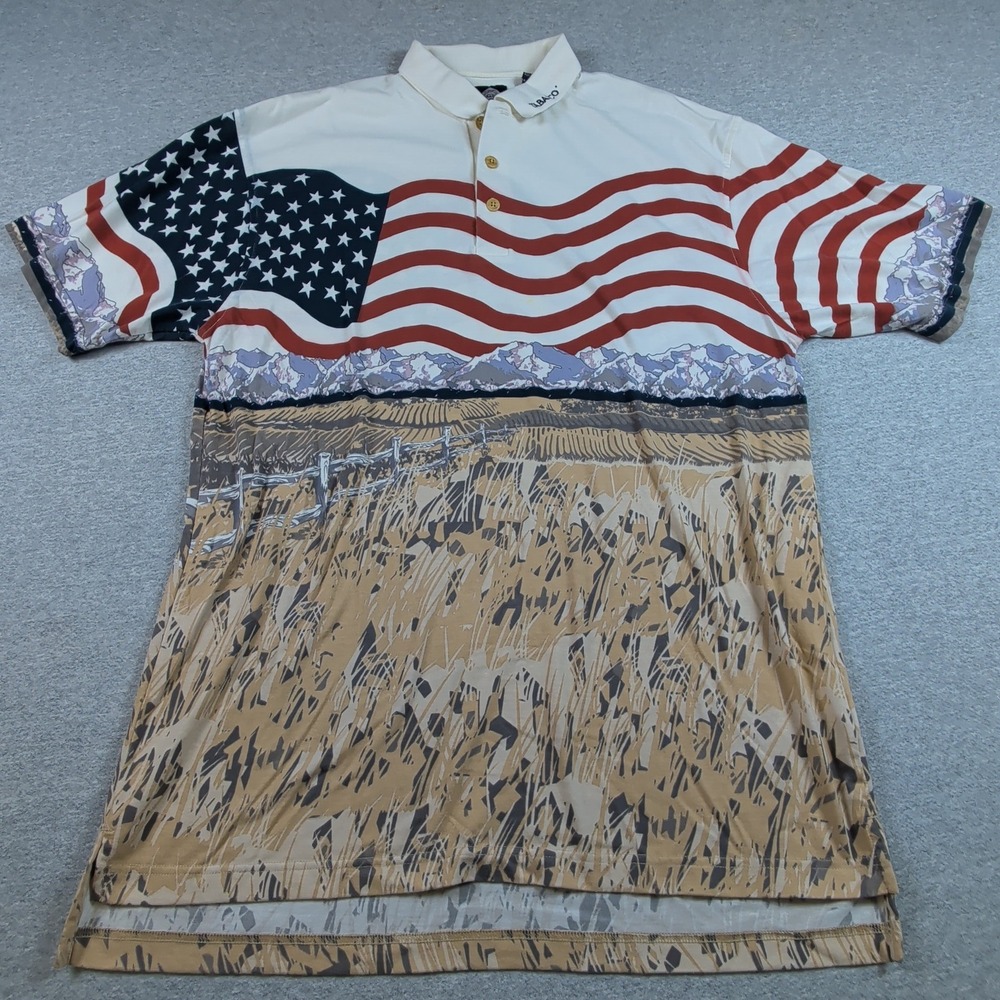 Tabasco Sportswear Mens Large Polo Shirt American Flag Mountain Wheat Graphic